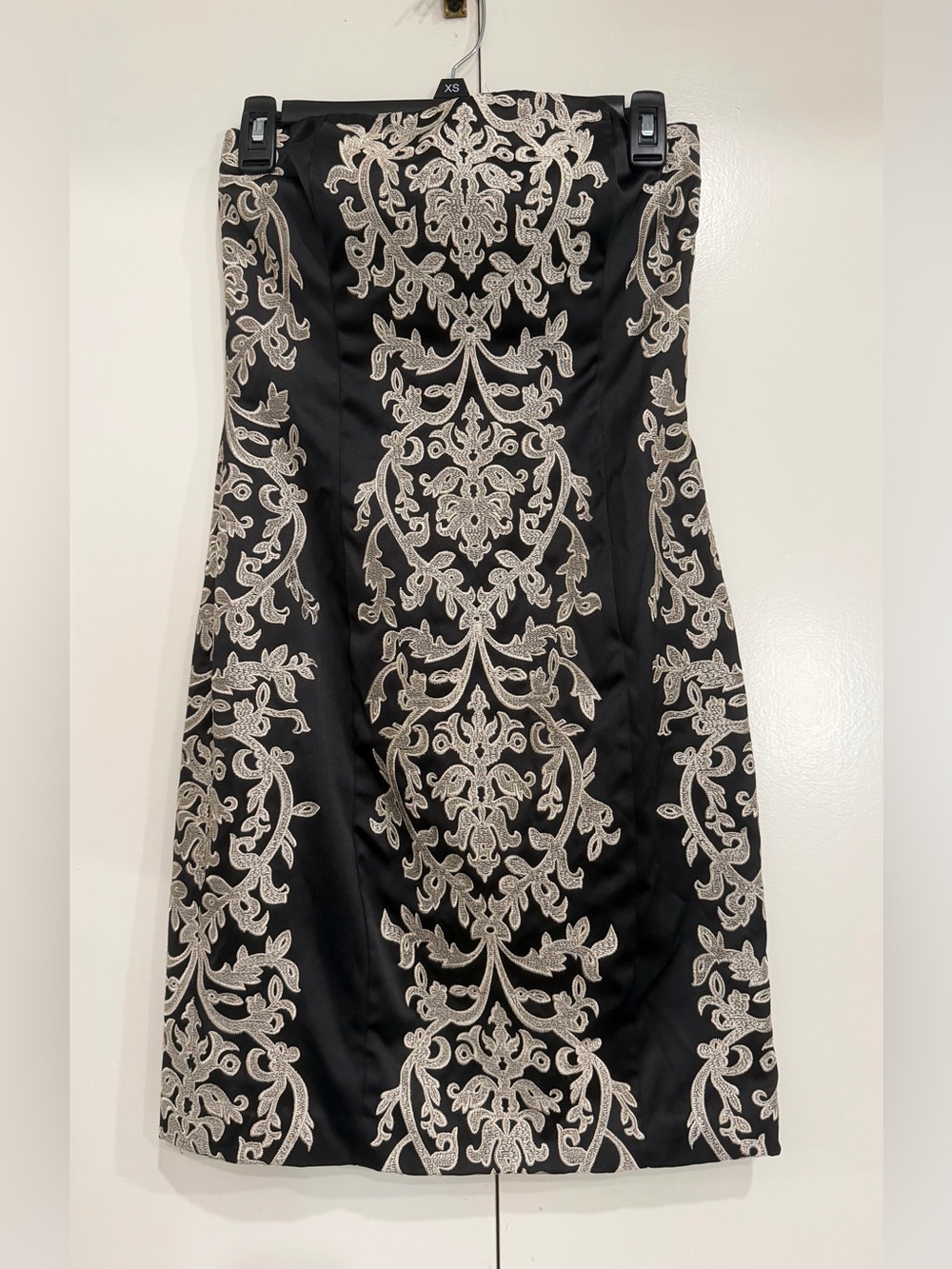 White House Black Market Black Strapless Dress with Ivory Embroidery